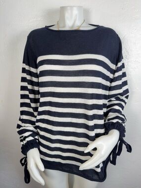 Zara Women’s Oversized Navy White Striped Light Knit Ribbon Sweater S